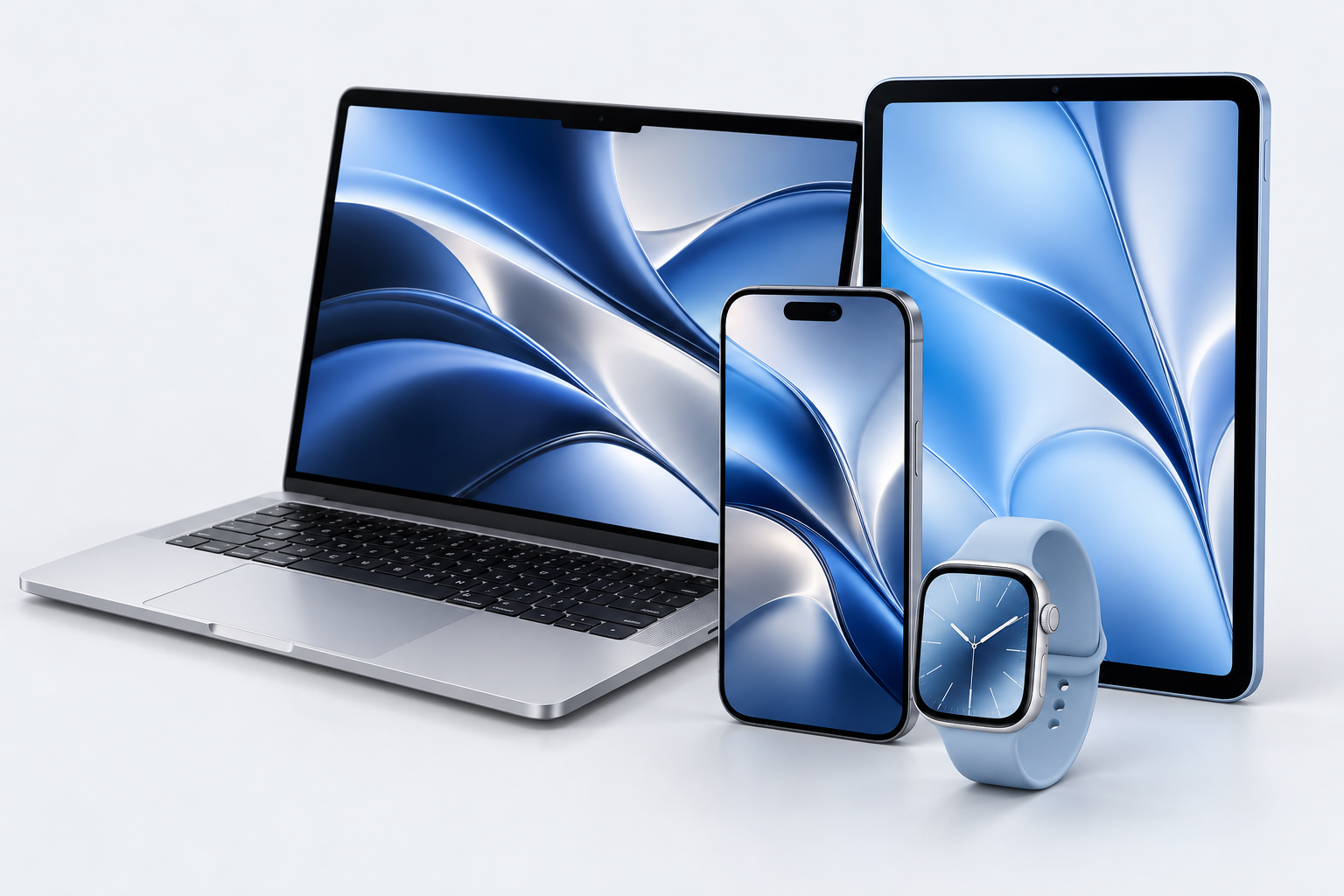 ภาพจำลองของ MacBook, iPhone, Apple Watch และ iPad